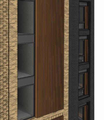 Detail of the buff brick vertical element with textured brickwork and metallic louvres.