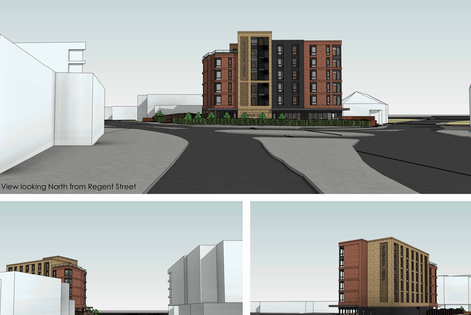 Indicative massing view of the proposed scheme in its street context.