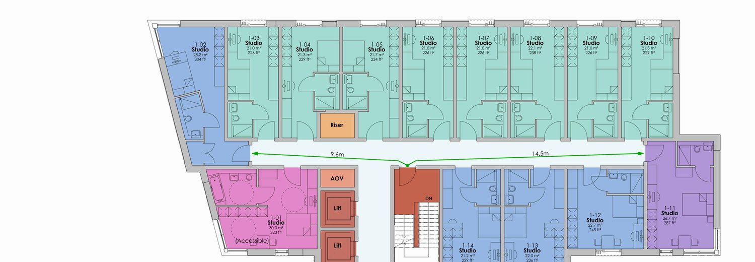 Colour-coded typical floor plan (levels 1–4) showing fourteen studios arranged off a central corridor.