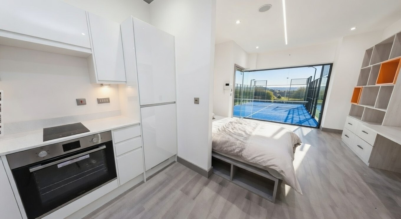 Interior of a completed studio with fitted kitchen, bed and built-in storage.